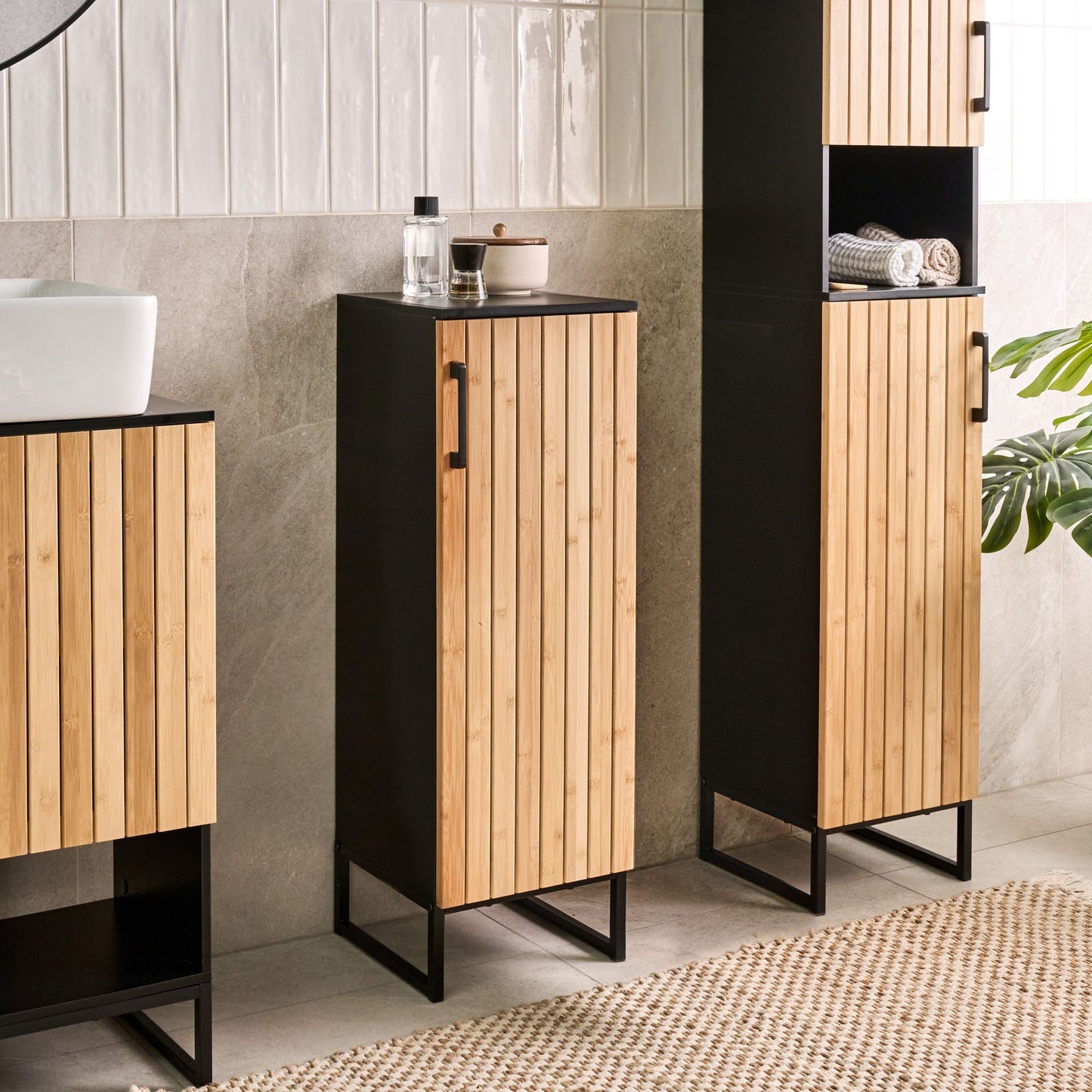 ZenCasa Light Brown Bamboo Wood Black Steel Cabinet Compact 30x90 Cm