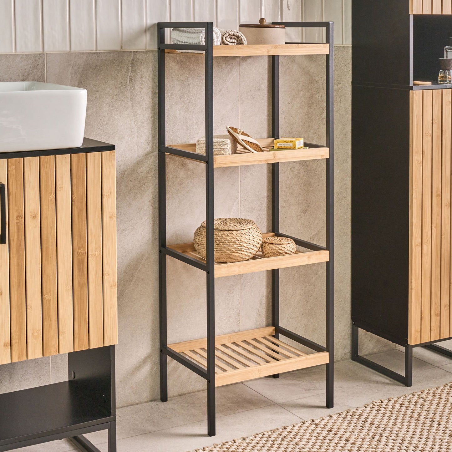 Zen Bamboo Bathroom Shelving Unit Light Brown Black Steel 4 Shelves