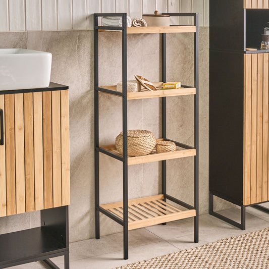 Zen Bamboo Bathroom Shelving Unit Light Brown Black Steel 4 Shelves