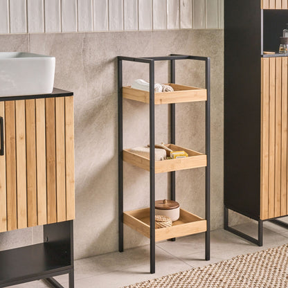 Light Brown Bamboo Shelving Unit With Black Steel Frame 3 Shelf