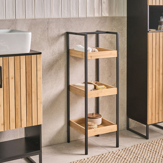 Light Brown Bamboo Shelving Unit With Black Steel Frame 3 Shelf