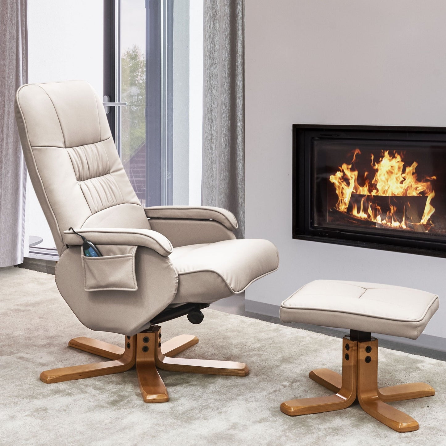 Recliner Armchair Beige Footrest Heated Massage Faux Leather