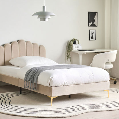 EU Velvet Bed Small Double Beige With Metal Legs And Headboard