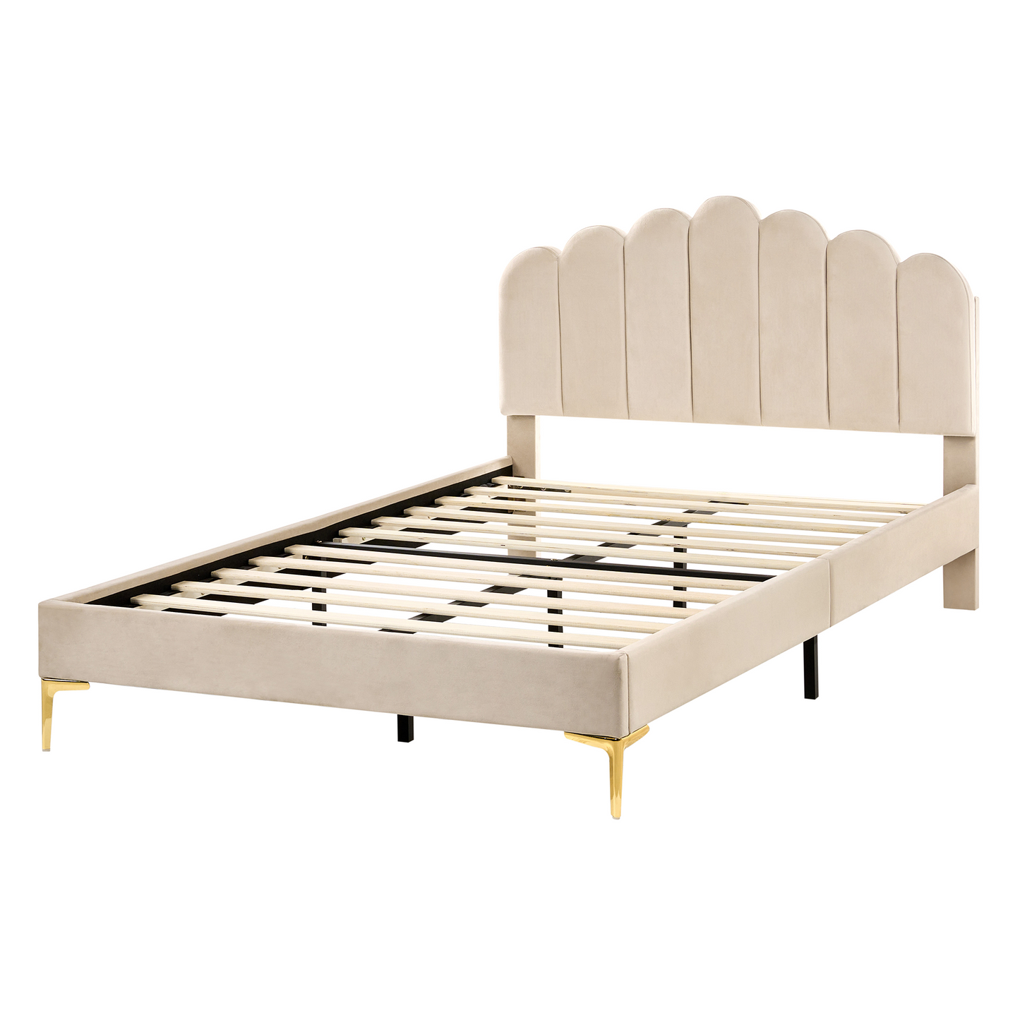 EU Velvet Bed Small Double Beige With Metal Legs And Headboard