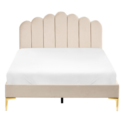 EU Velvet Bed Small Double Beige With Metal Legs And Headboard