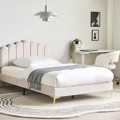 EU Velvet Small Double Bed In Off White With Adjustable Headboard