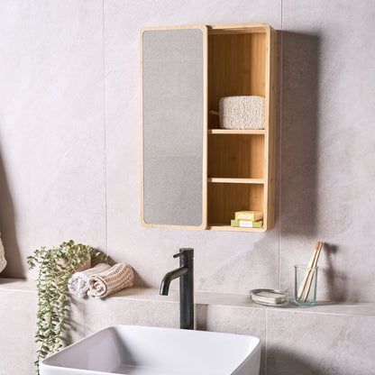 Bamboo Home Bathroom Cabinet With Mirror Sliding Door Light Brown
