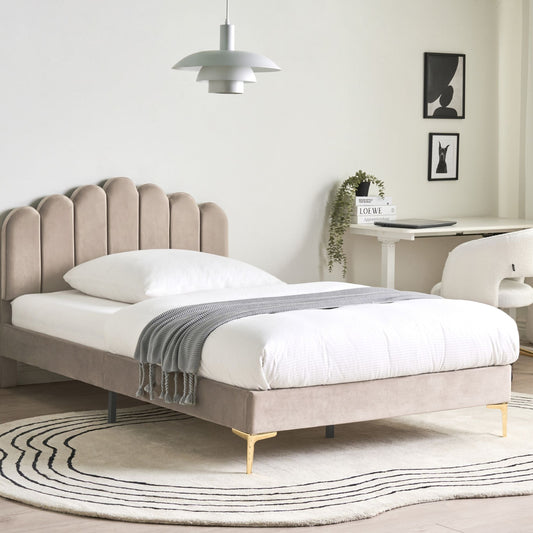 EU Velvet Small Double Bed Taupe With Headboard And Slatted Base