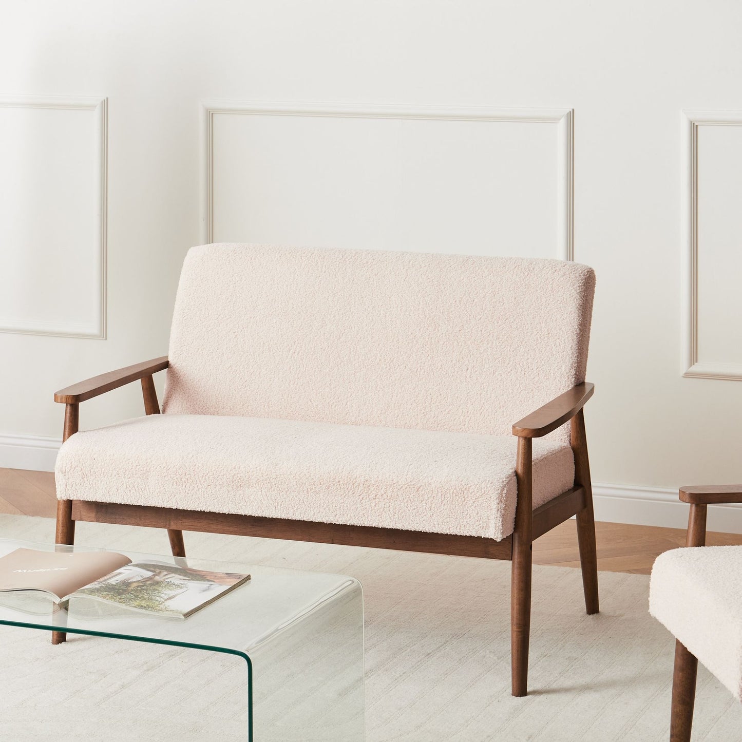 Sofa Beige and Brown Boucle 2-Seater Wood Frame Armrests