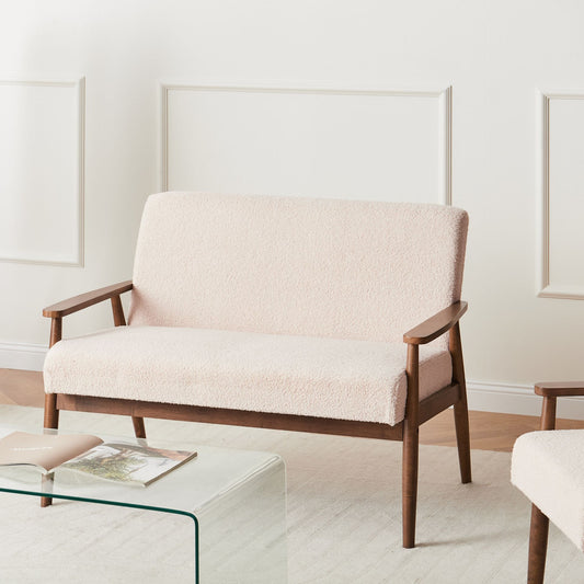 Sofa Beige and Brown Boucle 2-Seater Wood Frame Armrests