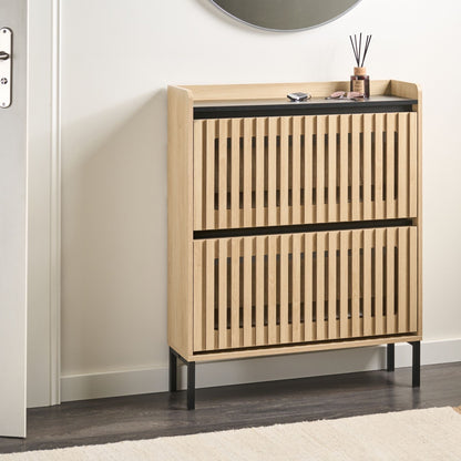NordicNest Two Drawer Shoe Cabinet Tilt Out Light Brown MDF