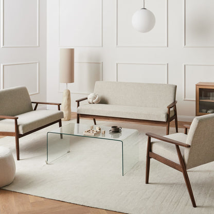 Retro Living Room Set Three Piece Grey and Dark Brown Polyester Upholstery with Solid Wooden Frame