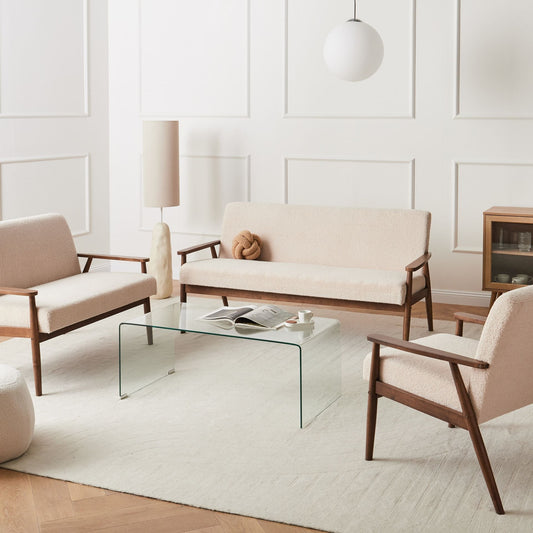 Boucle Beige And Dark Brown Living Room Set 3-Piece With Retro Wood Frame