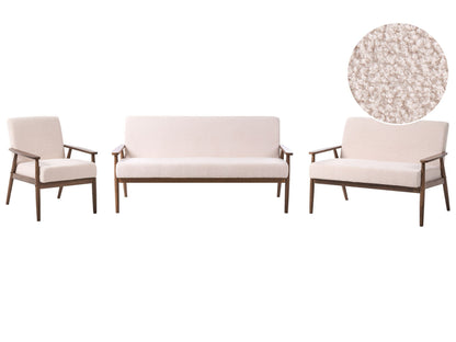Boucle Beige And Dark Brown Living Room Set 3-Piece With Retro Wood Frame