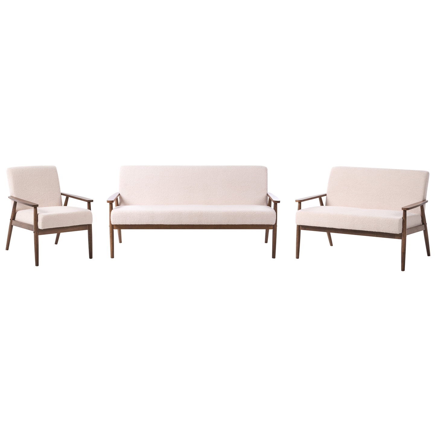Boucle Beige And Dark Brown Living Room Set 3-Piece With Retro Wood Frame
