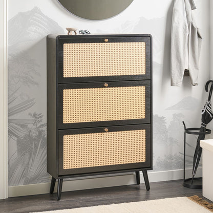Brand Boho Shoe Storage Cabinet Black MDF With Rattan Front Three Compartments Hallway Organizer