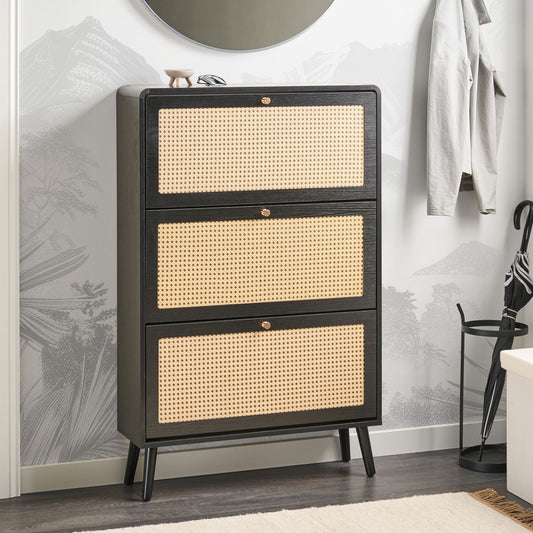 Brand Boho Shoe Storage Cabinet Black MDF With Rattan Front Three Compartments Hallway Organizer