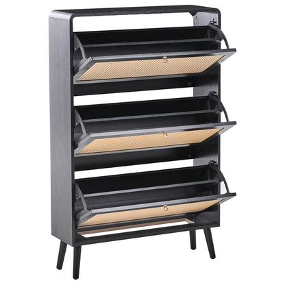 Brand Boho Shoe Storage Cabinet Black MDF With Rattan Front Three Compartments Hallway Organizer