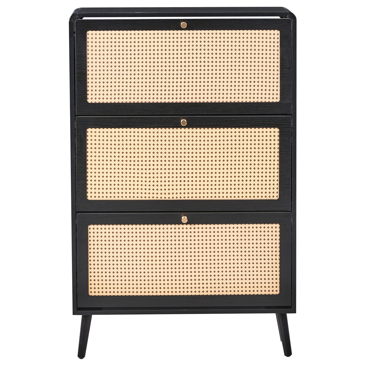 Brand Boho Shoe Storage Cabinet Black MDF With Rattan Front Three Compartments Hallway Organizer