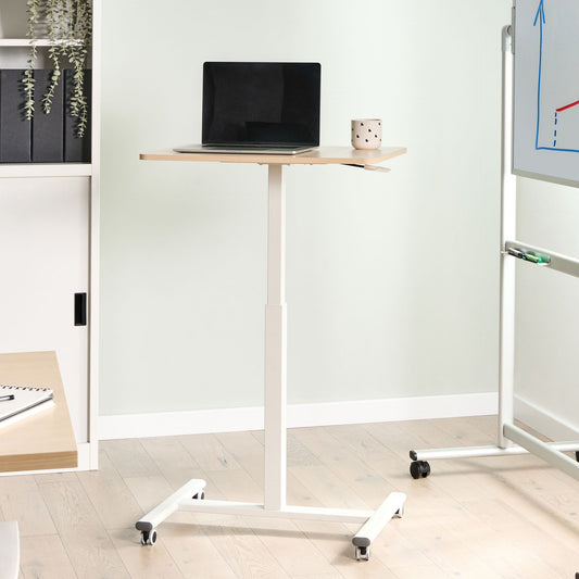 Manually Adjustable Mobile Laptop Desk Sit Stand Light Brown Top With White Steel Frame 65 x 48cm
