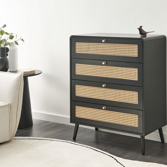BrandName Black 4 Drawer Chest With Rattan Front Boho Wood Legs