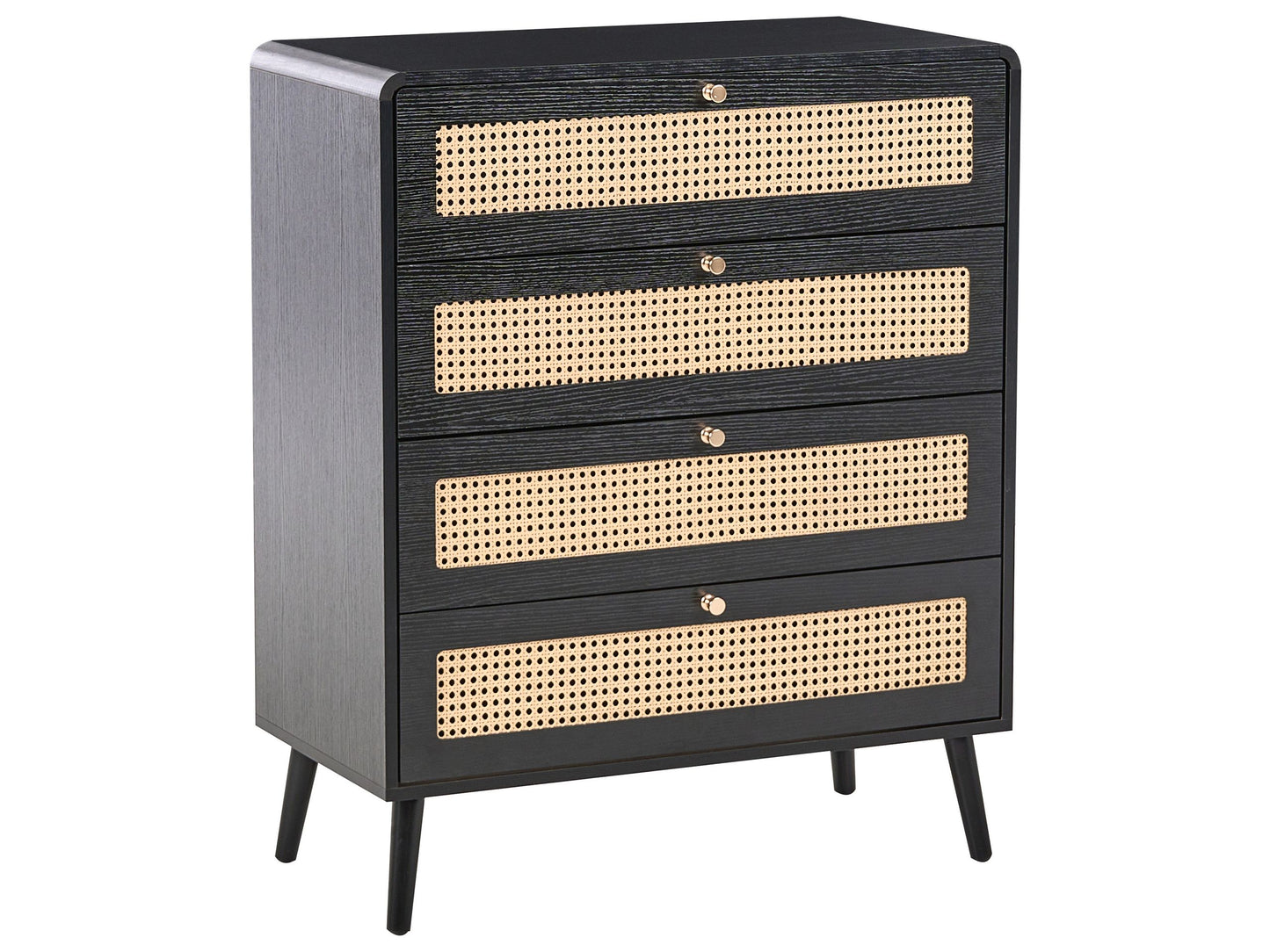 BrandName Black 4 Drawer Chest With Rattan Front Boho Wood Legs