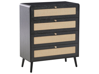 BrandName Black 4 Drawer Chest With Rattan Front Boho Wood Legs