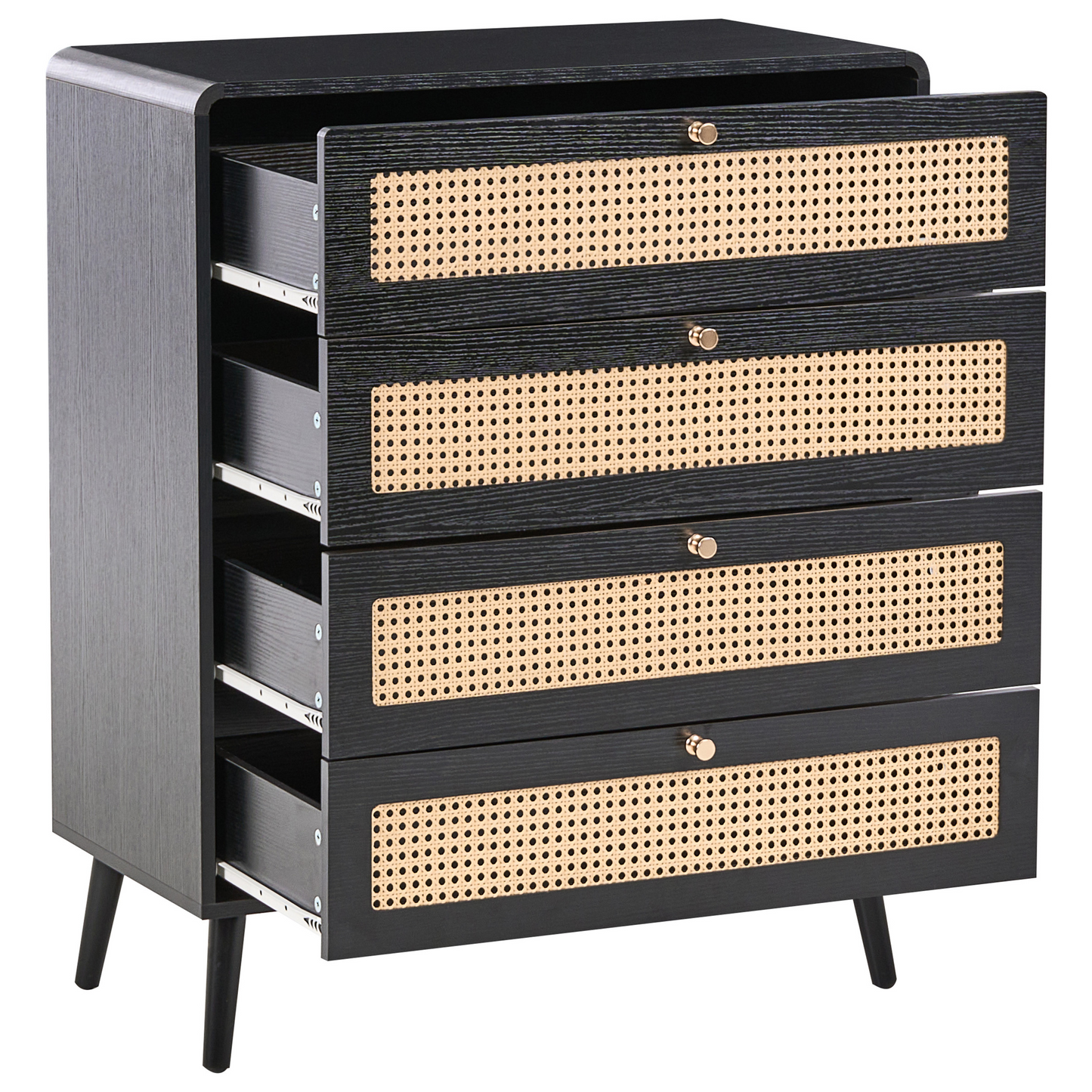 BrandName Black 4 Drawer Chest With Rattan Front Boho Wood Legs