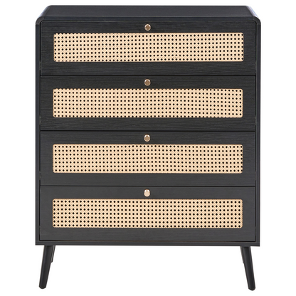BrandName Black 4 Drawer Chest With Rattan Front Boho Wood Legs