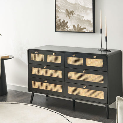 Boho Style Chest Of Drawers Black MDF Six Drawers With Rattan Front