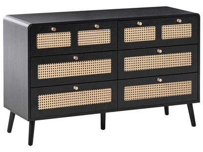 Boho Style Chest Of Drawers Black MDF Six Drawers With Rattan Front