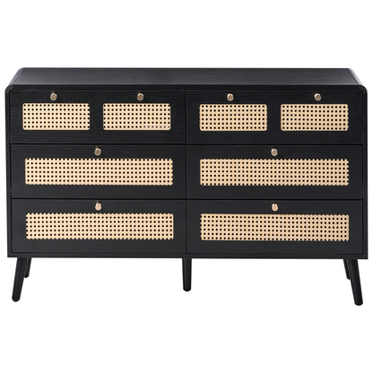 Boho Style Chest Of Drawers Black MDF Six Drawers With Rattan Front