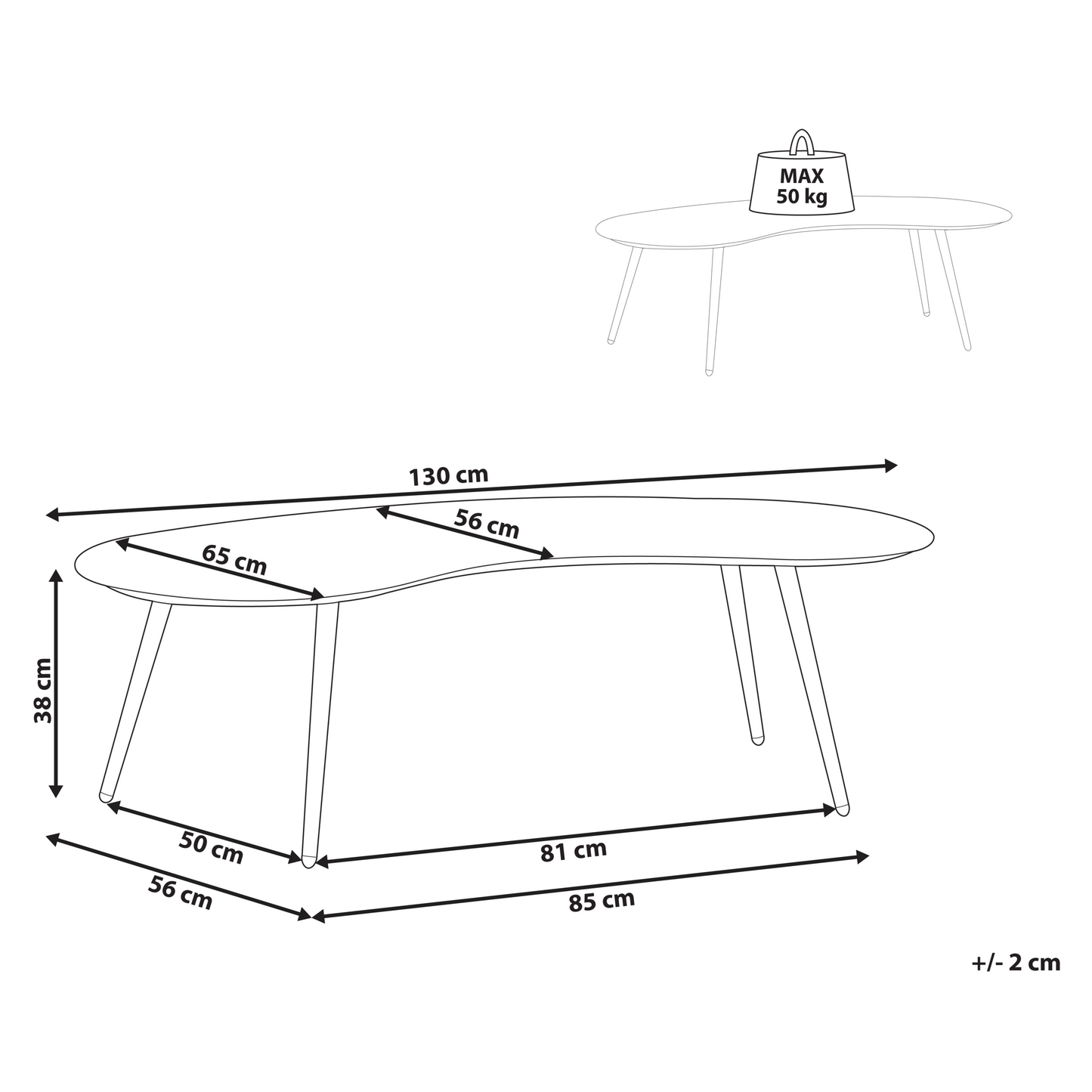 Garden Coffee Table Beige Aluminum 130 x 65cm UV Resistant Kidney Shaped Outdoor Furniture