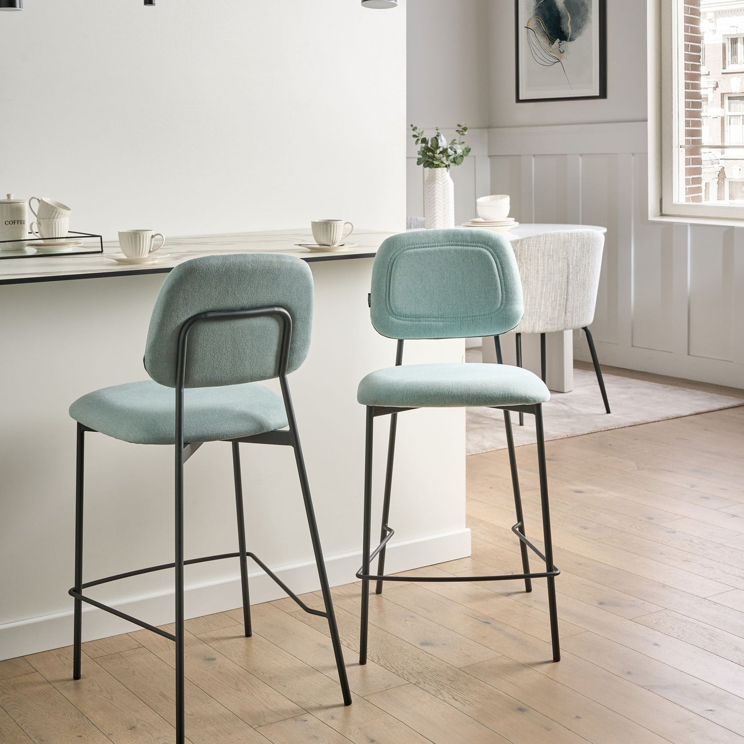 Set of 3  Bar Chairs Light Blue Upholstery Counter Height Black Iron Frame