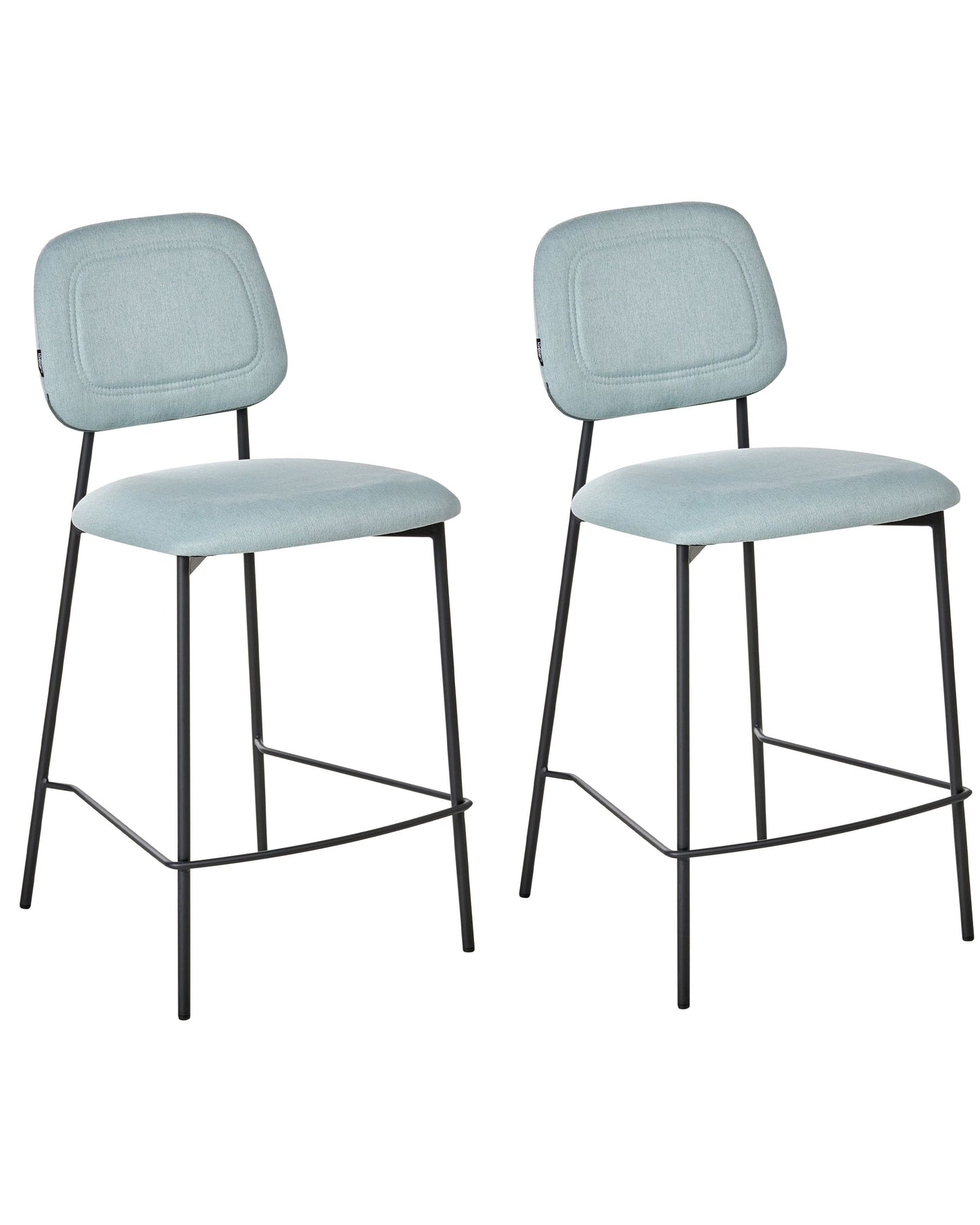 Set of 3  Bar Chairs Light Blue Upholstery Counter Height Black Iron Frame