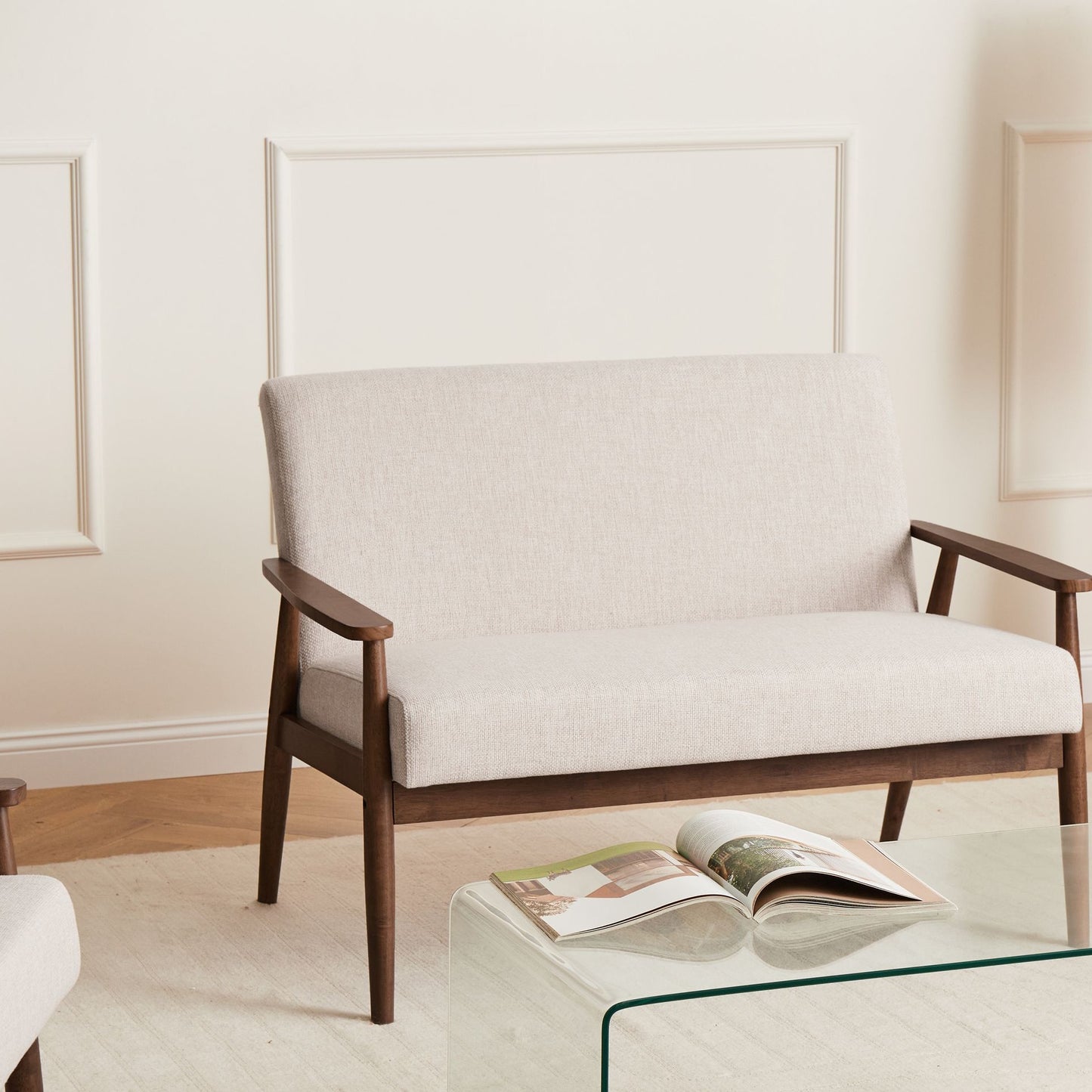 Living Retro Sofa Beige And Dark Brown Polyester Wood Frame