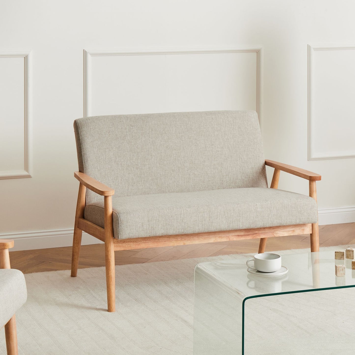 Retro Grey And Light Brown Polyester Sofa With Wooden Frame