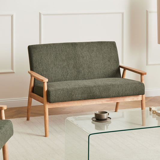 Two Seater Sofa Green And Brown Polyester Retro Wood Frame