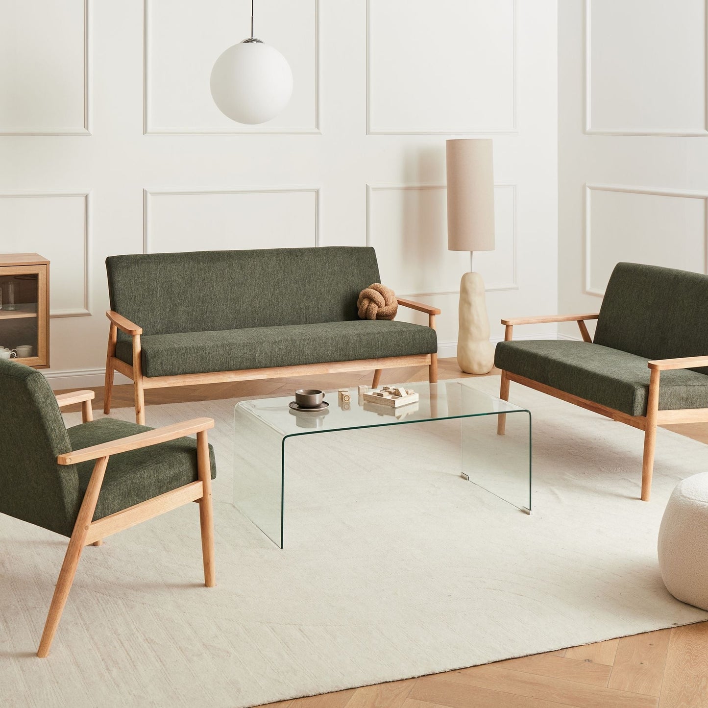Green And Light Brown Retro Living Room Set With Wood Frame