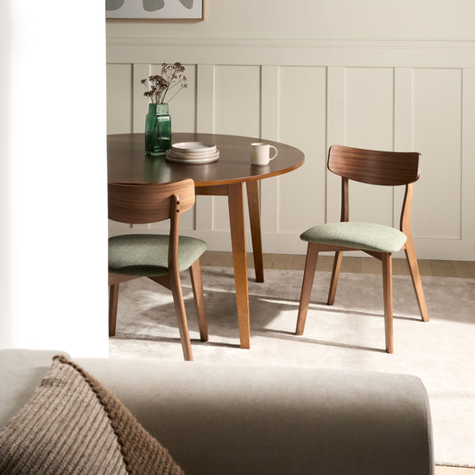 Heritage Retro Dining Chairs Dark Brown Rubberwood Green Fabric