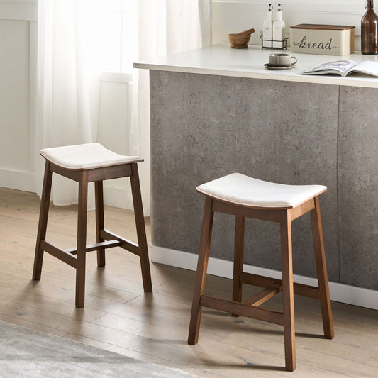 Set Of 2 Bar Chairs Dark Brown And Off White Rubberwood Upholstered Seats