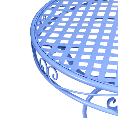 Outdoor Bistro Table Blue Powder Coated Iron With Decorative Scrollwork