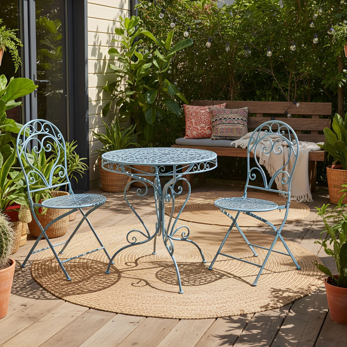 Garden Bistro Set Blue Powder Coated 3 Piece Table Chairs