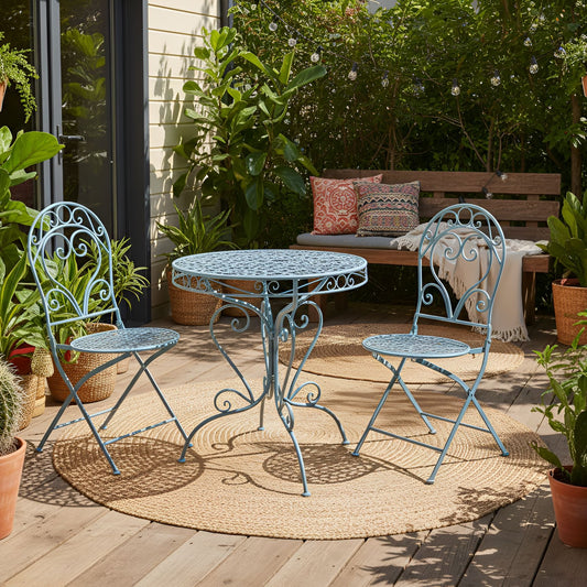 Garden Bistro Set Blue Powder Coated 3 Piece Table Chairs