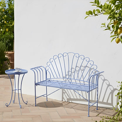 Outdoor Bench Light Blue Metal 2 Seater Flared Armrests Vintage Style