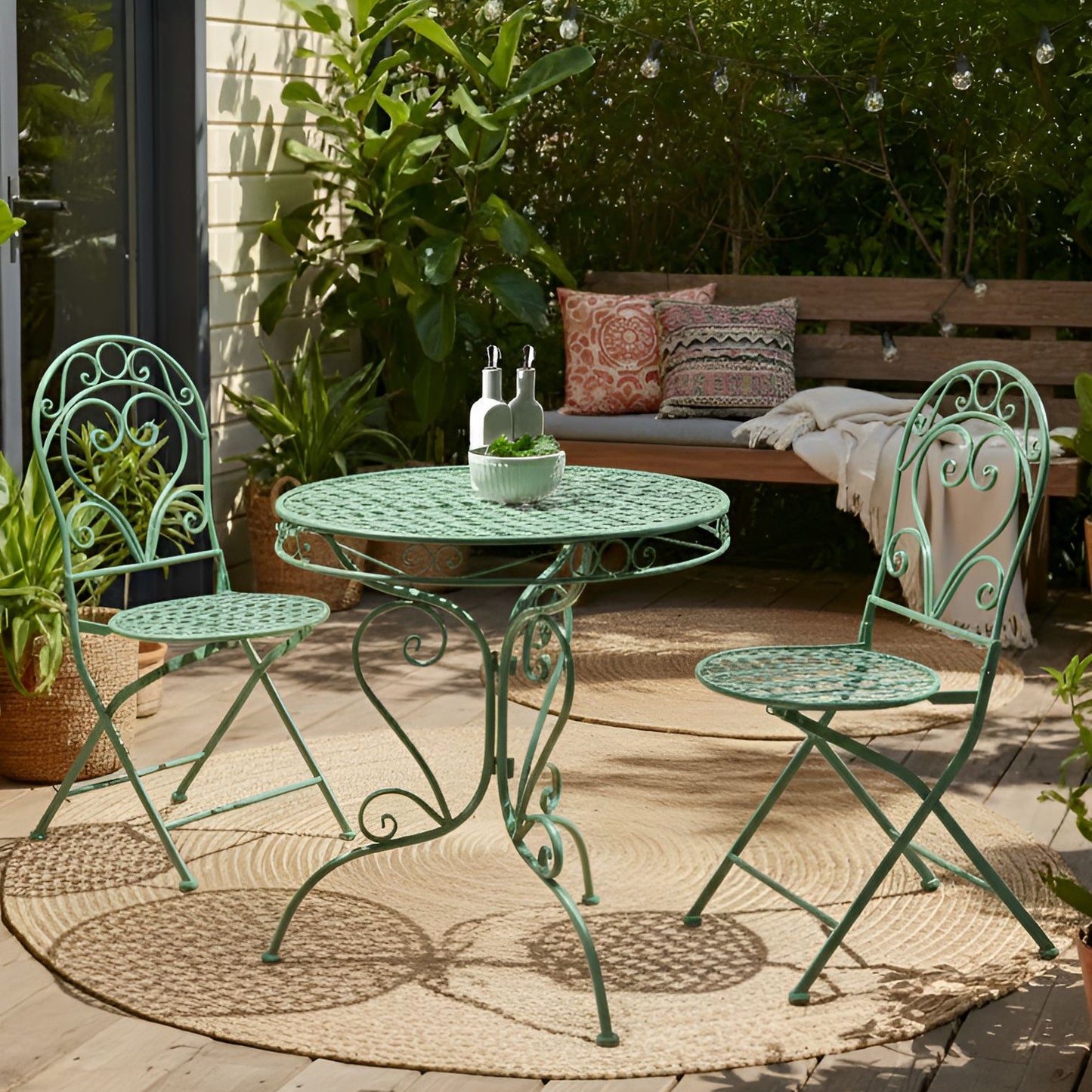 Outdoor Set Of 2 Green Iron Chairs With Scrollback