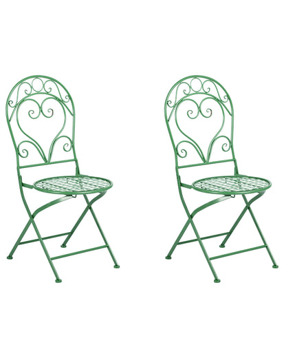 Outdoor Set Of 2 Green Iron Chairs With Scrollback