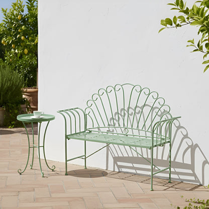 Heritage Lane Outdoor Bench Green Metal 2 Seater Flared Armrests Vintage Classic Style