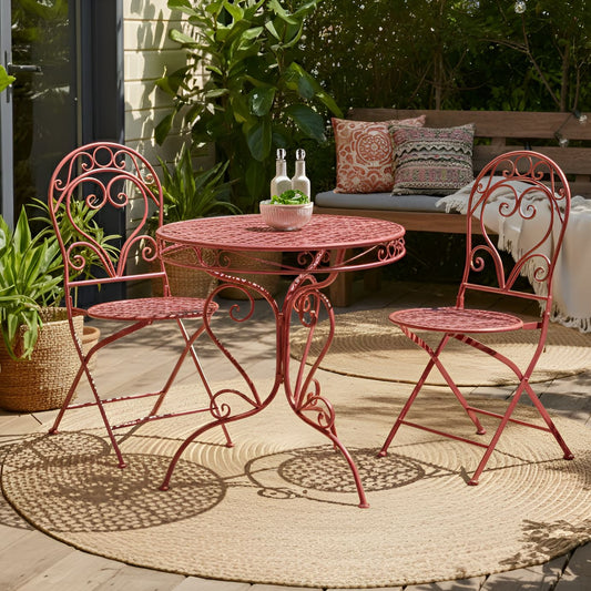 Burgundy Metal Outdoor Chairs Set Of 2 With Powder Coated Scrollwork Backrests