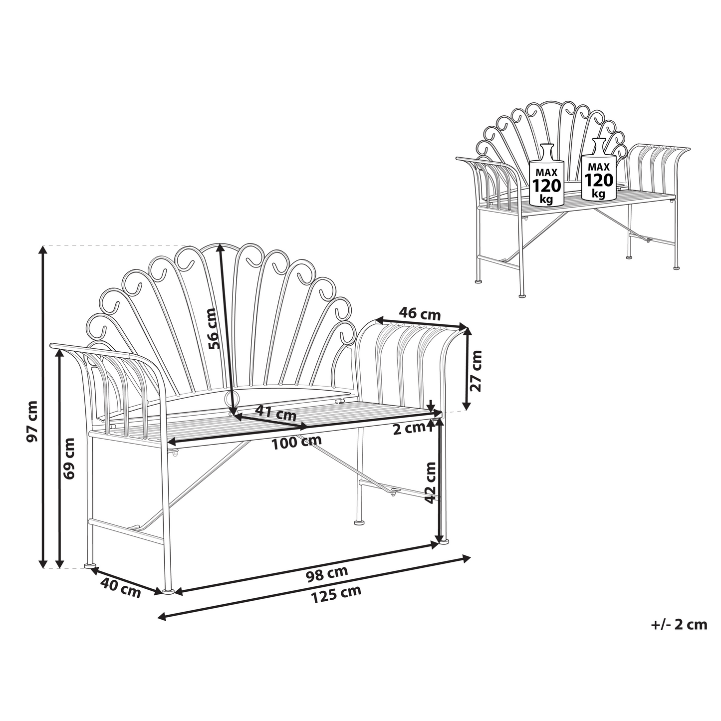 Burgundy Metal 2 Seater Outdoor Bench with Flared Arms